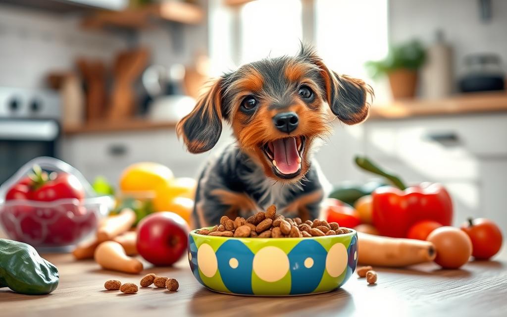 feeding wire haired dachshund puppy